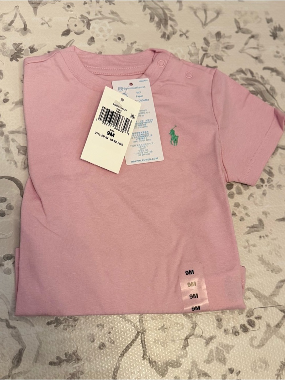 Ralph Lauren Pink Short-Sleeve Baby Tee with Green Pony 9 months